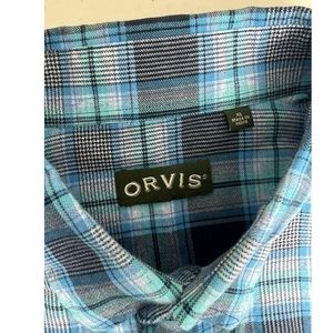 Orvis Mens Teal Blue Plaid Long Sleeve Button Front Shirt Size XL
